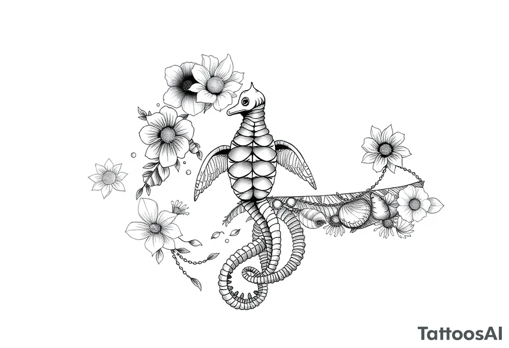 Flowers shells turtle seahorse jellyfish feminine tattoo idea