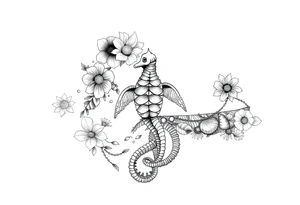 Flowers shells turtle seahorse jellyfish feminine tattoo idea