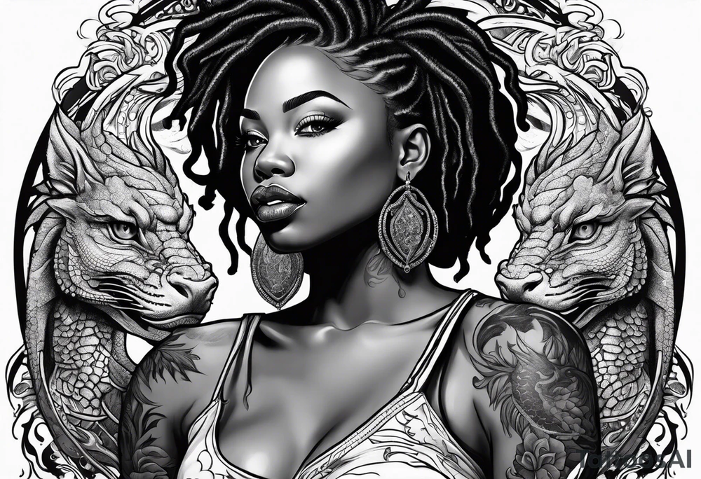 Black woman with locs and red dragon tattoo idea