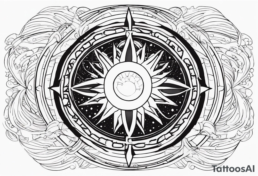 SUN(ITACHI EYE AS SUN) OVER LOOKING THE OCEAN WITH THE ORION CONSTELLATION IN THE SKY IN 9:16 tattoo idea