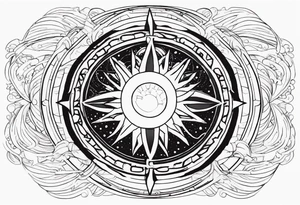 SUN(ITACHI EYE AS SUN) OVER LOOKING THE OCEAN WITH THE ORION CONSTELLATION IN THE SKY IN 9:16 tattoo idea