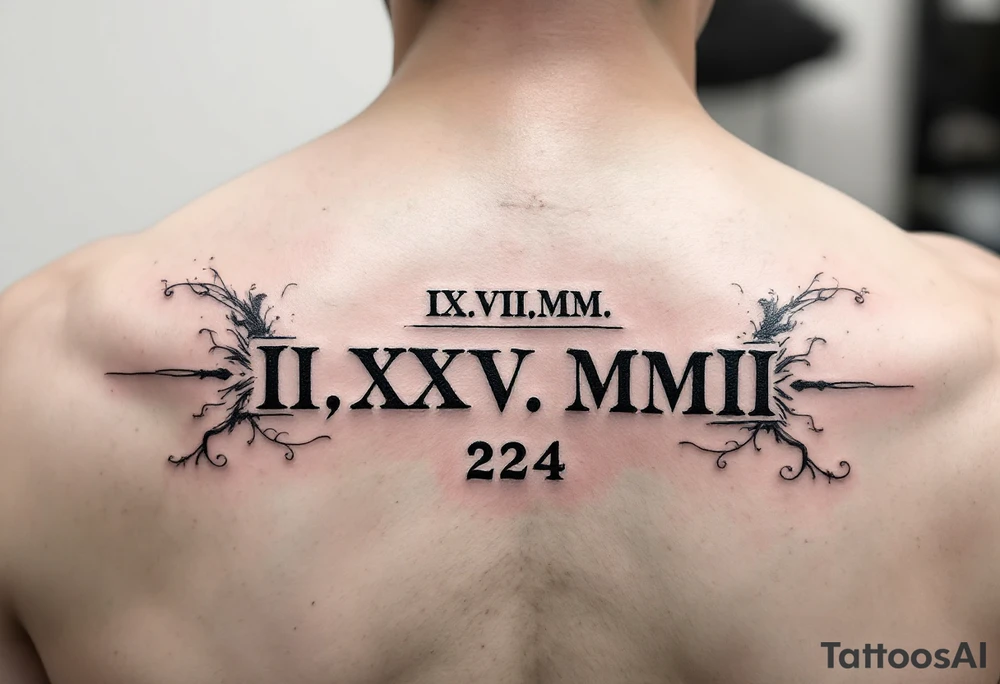 IX.VII.MM. and II.XXV.MMII with a space between them, along with the number 224 simple more artsy tattoo idea