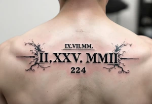 IX.VII.MM. and II.XXV.MMII with a space between them, along with the number 224 simple more artsy tattoo idea