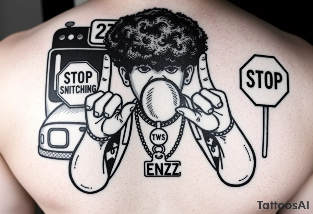 an african american with an afro making a T with his hands standing in front of a short bus stopped at a stop sign that says STOP SNITCHING on it with a chain around his neck that has a pendent that says THIZZ and below that ENT tattoo idea