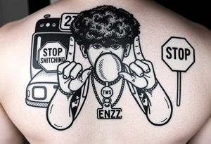 an african american with an afro making a T with his hands standing in front of a short bus stopped at a stop sign that says STOP SNITCHING on it with a chain around his neck that has a pendent that says THIZZ and below that ENT tattoo idea
