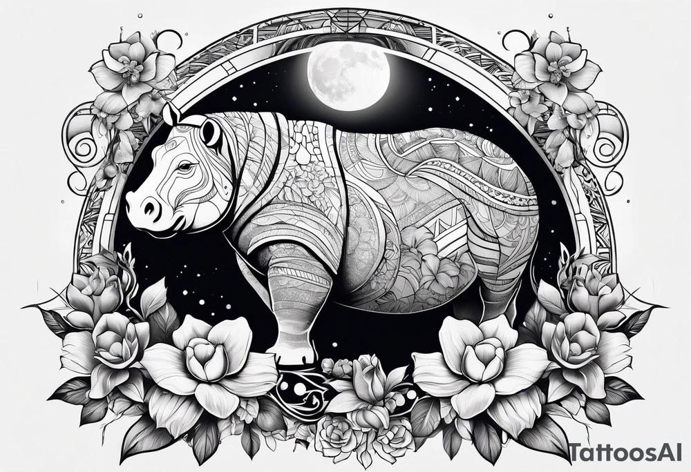 Hippo, flowers, moon, interstella, 
fine lines, tribal, geometric tattoo idea