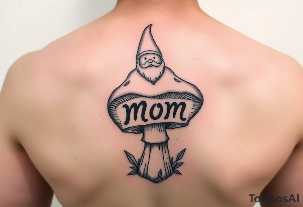 Mushroom with word mom on it with gnome on top tattoo idea