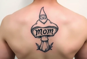 Mushroom with word mom on it with gnome on top tattoo idea