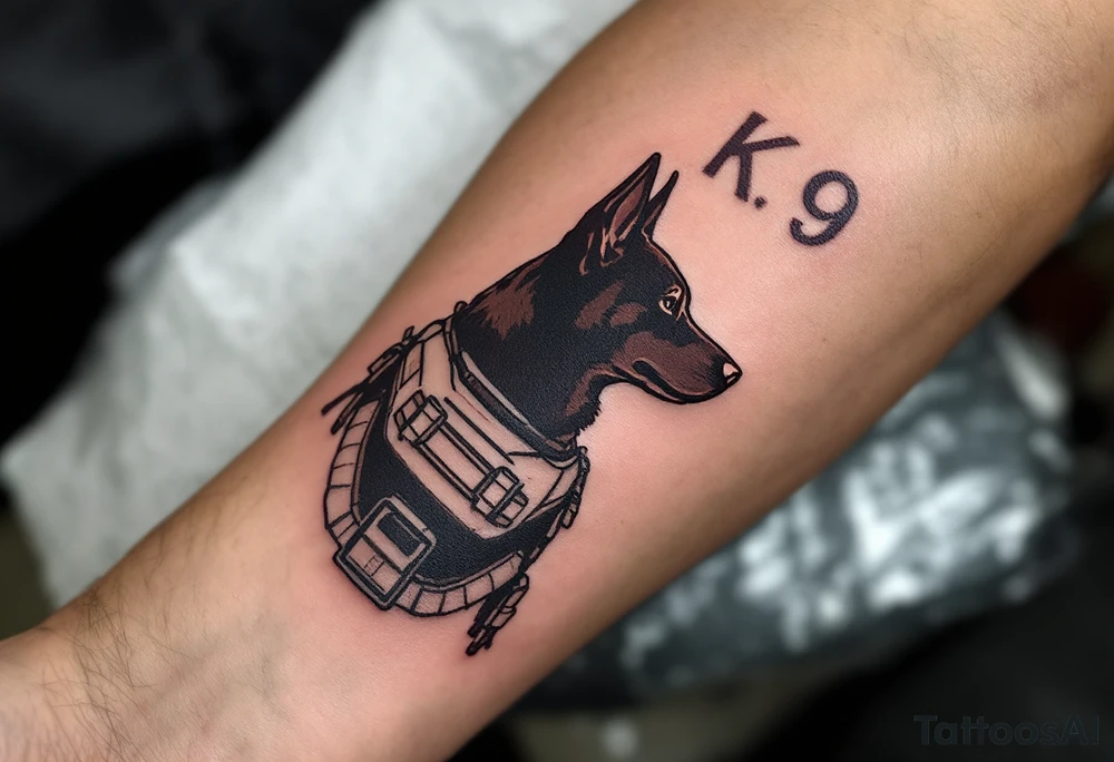 K9 Tribute Tattoo – Silhouette of a military dog with a tactical harness, in dark browns and soft gray. Loyal companion and unsung hero. tattoo idea