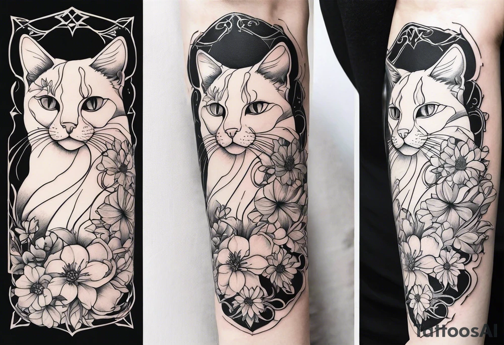 Art nouveau forearm tattoo of cat in flowers tattoo idea