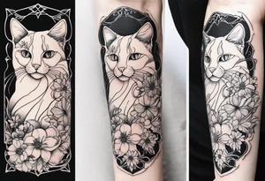 Art nouveau forearm tattoo of cat in flowers tattoo idea