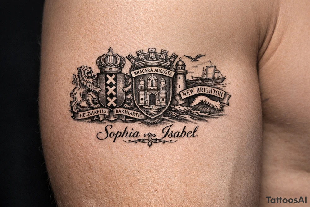 Crests of Amsterdam and Braga and New Brighton. My daughters names Sophia and Isabel. tattoo idea