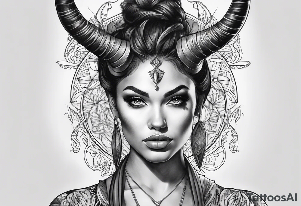 Horned dark realism beautiful woman looking
face forward tattoo idea