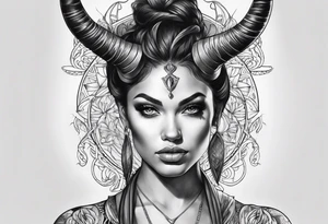 Horned dark realism beautiful woman looking 
face forward tattoo idea