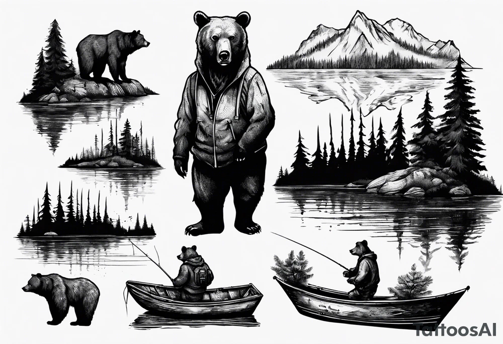 bear, forest, lake, small man on a fishing boat, appalachia tattoo idea