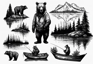 bear, forest, lake, small man on a fishing boat, appalachia tattoo idea