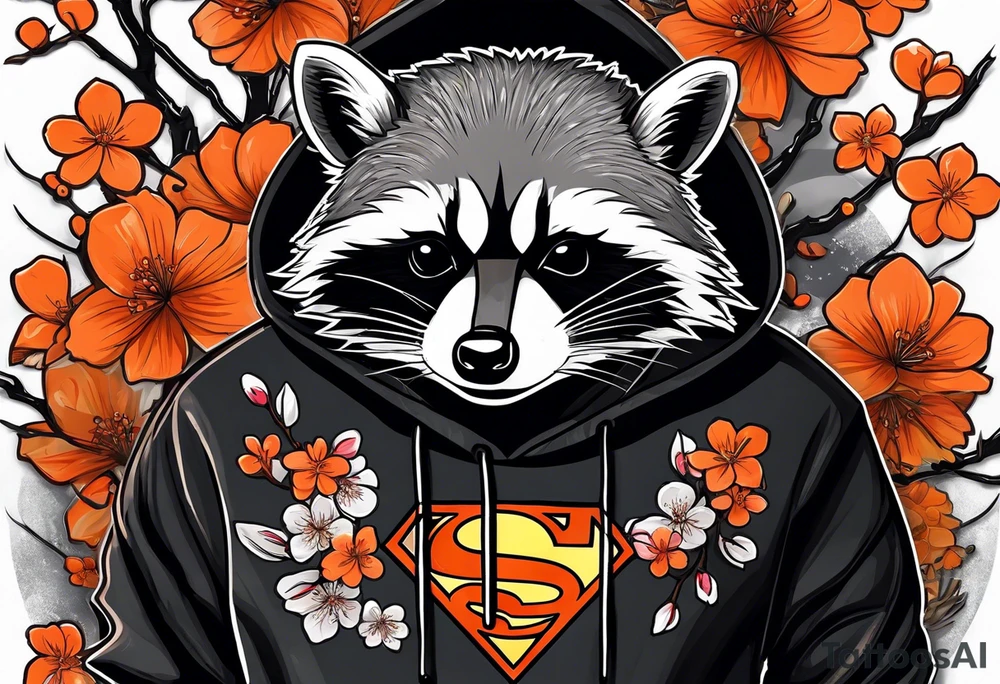 Raccoon wearing a white Superman logo on a black hoodie and orange Japanese cherry blossoms beside tattoo idea