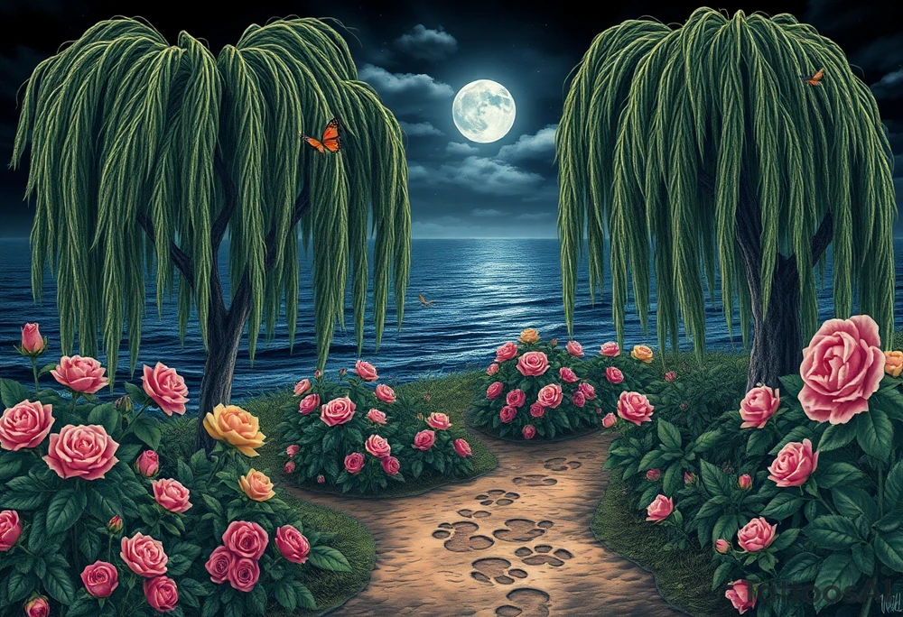 Night time. Ocean.  weeping willow garden with roses and liles flower beds. fantasy creatures, fairies, mermiads, dragons butterflies,  cat paw prints path in dirt. tattoo idea