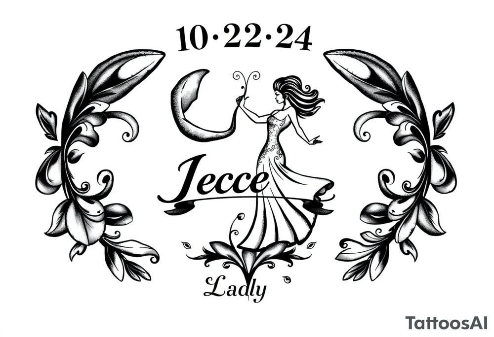 A cancer dedication with the date 10-22-24. With the name ‘Lady’. With salsa music and dancing elements. tattoo idea