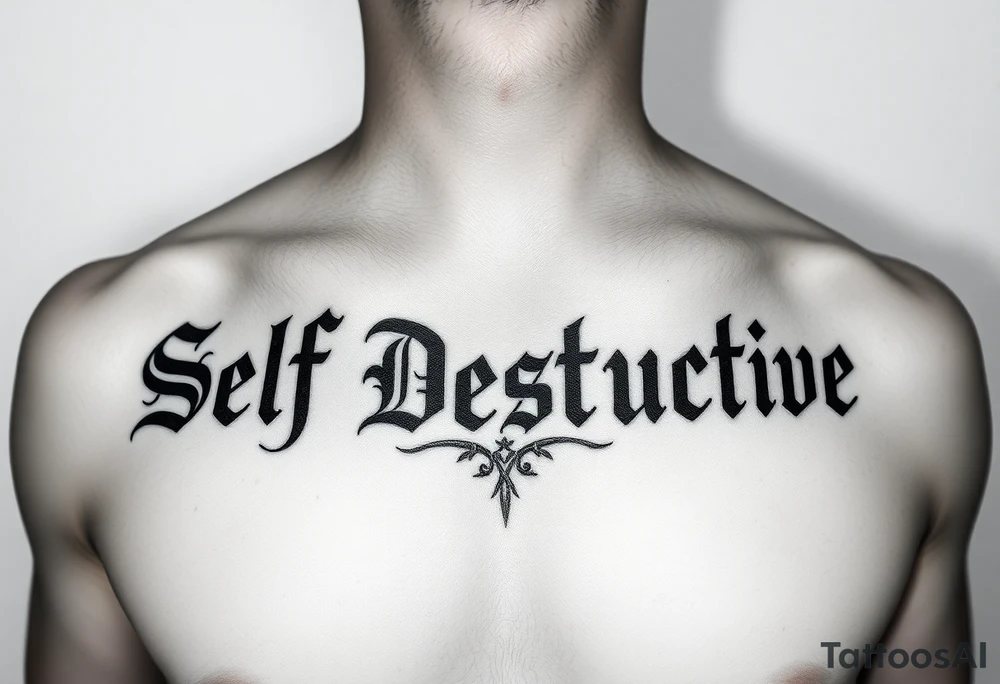 The words Self Destructive in a Chicano/old english font lettering across the chest tattoo idea