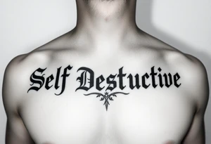 The words Self Destructive in a Chicano/old english font lettering across the chest tattoo idea