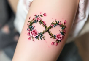 An infinity symbol woven from delicate roses and green vines, with pink petals scattered around. tattoo idea