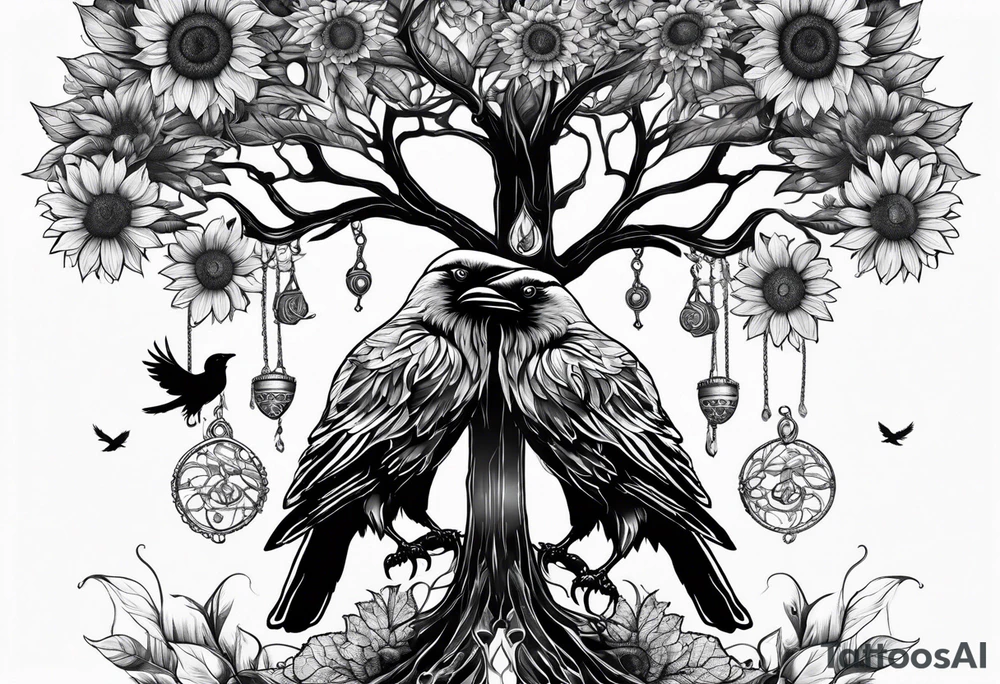 Feminine Yggdrasil tree with two ravens and sunflowers tattoo idea