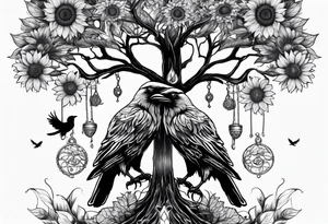 Feminine Yggdrasil tree with two ravens and sunflowers tattoo idea