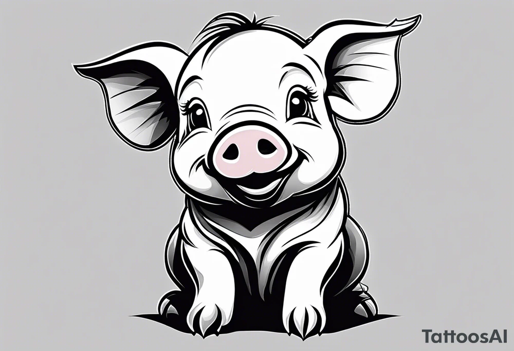 very cute happy piglet.
outline only.
black and white only.
only show the piglet. no extra lines or decoration.
no black shading.
dont make the ears too big.
draw very thin lines tattoo idea