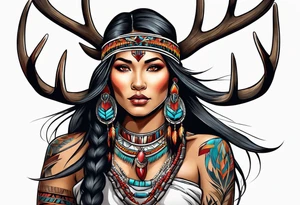 Native American women with deer antlers tattoo idea