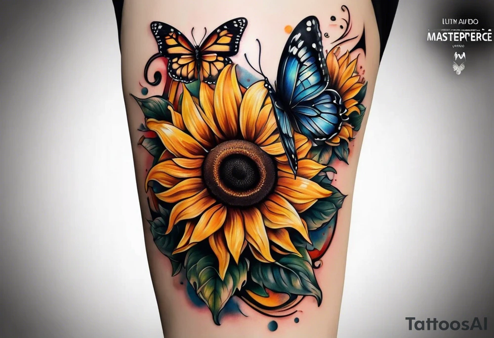Sunflower and butterfly leg sleeve tattoo idea