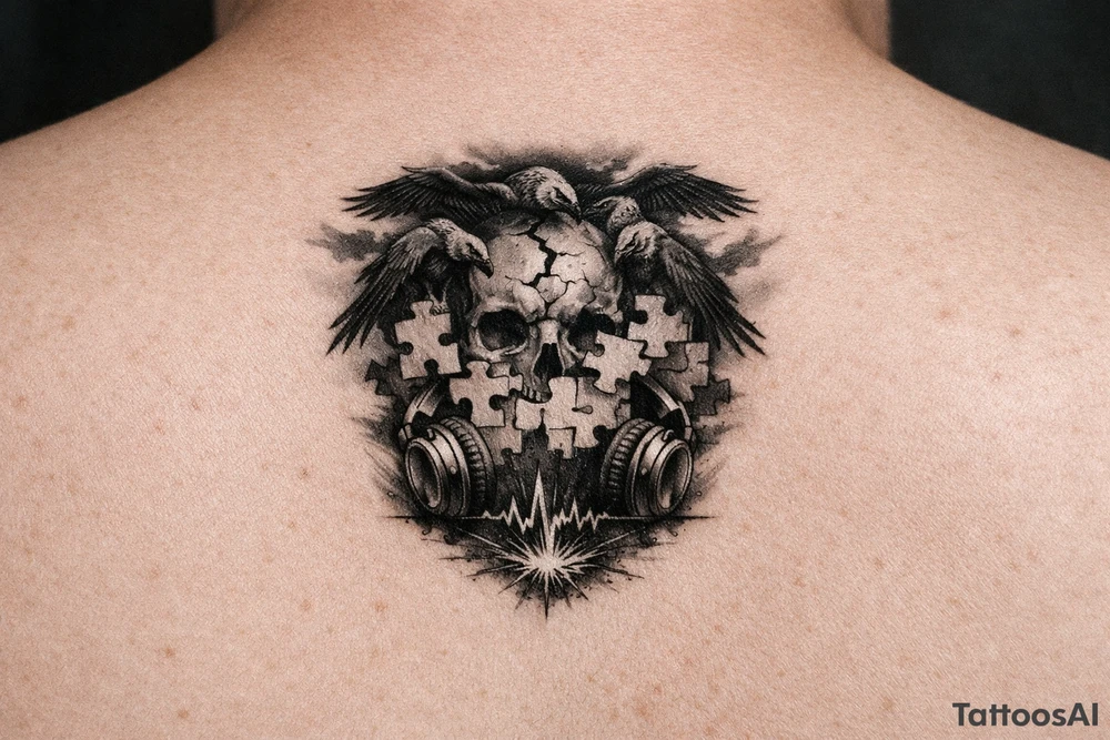 Dark thoughts move like voltures, music helps put my puzzle of life back together before the pressure in my bloodstream explodes tattoo idea
