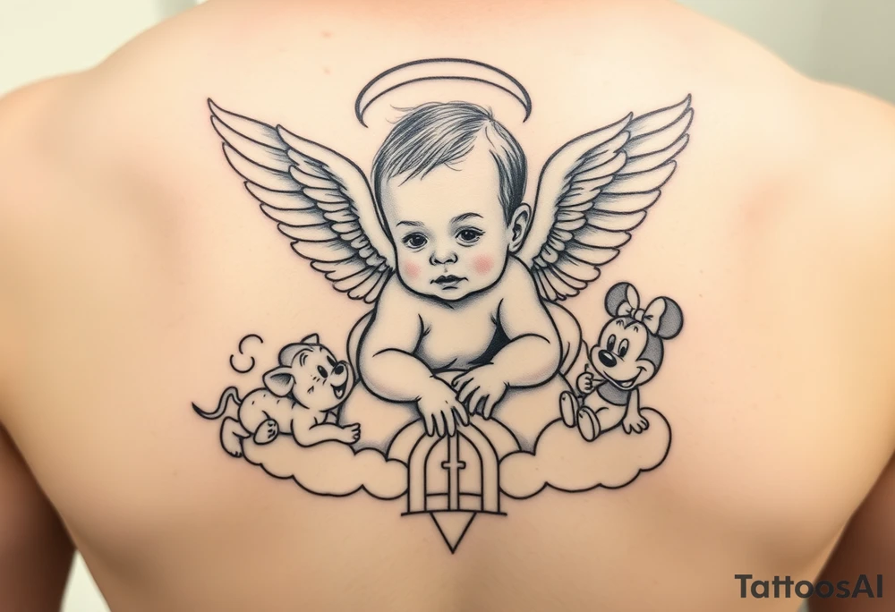 Babyboy with angel wings crawling to clouds and heavens gate surrounded by Disney characters winnie the poo, piglet, eeyor, baby mickey and baby minnie mouse as babies tattoo idea