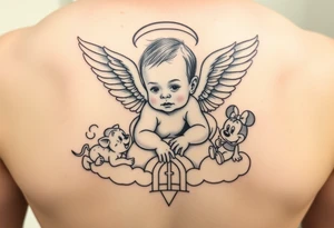 Babyboy with angel wings crawling to clouds and heavens gate surrounded by Disney characters winnie the poo, piglet, eeyor, baby mickey and baby minnie mouse as babies tattoo idea