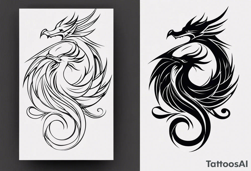 For a Gen Z-inspired dragon and phoenix tattoo, think of a clean, minimalist design that combines symbolism with bold, sleek lines. Imagine a dragon and phoenix spiraling together in a yin-yang-inspired layout. The dragon has a slightly abstract, modern shape, with sharp, flowing lines to show power, resilience, and wisdom, while the phoenix is rendered with sweeping curves and minimal detailing, symbolizing rebirth, growth, and transformation.

Both creatures should interact harmoniously, representing balance and duality. To keep it meaningful, focus on line work rather than intricate shading—clear, open spaces allow the tattoo to feel light and energetic. Adding small symbols, like stars or a faint galaxy backdrop, can enhance the "rising from ashes" and "strength through challenge" themes. This design will appeal timelessly while resonating with Gen Z’s love for symbolism and simplicity. tattoo idea