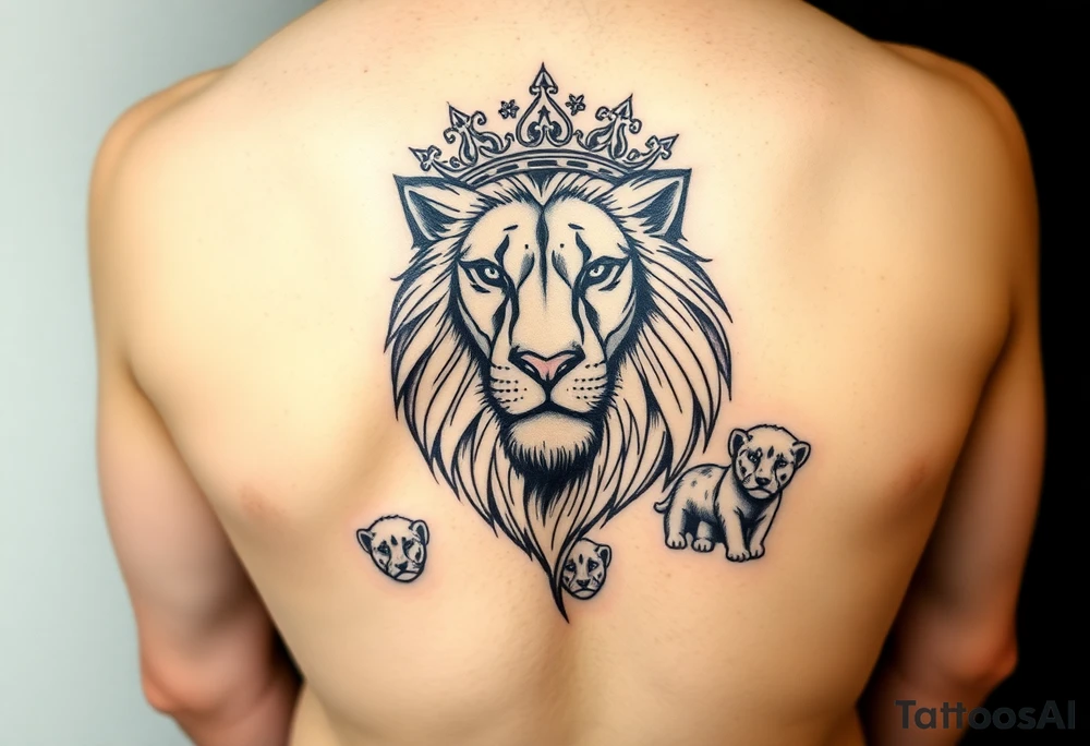 powerful majestic lioness with a crown, surrounded by cub prints tattoo idea