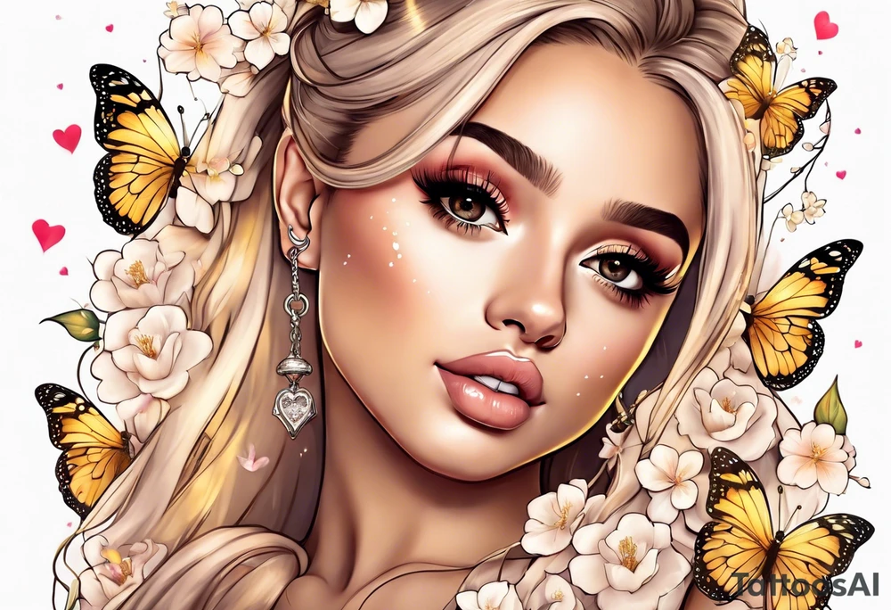 Ariana Grande with blonde hair surrounded in a golden aura with white butterflies and cherry blossoms holding a key that unlocks a heart tattoo idea