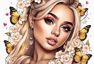 Ariana Grande with blonde hair surrounded in a golden aura with white butterflies and cherry blossoms holding a key that unlocks a heart tattoo idea