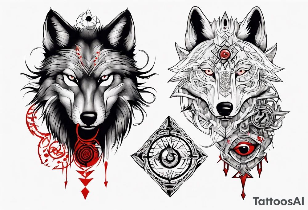 want a half sleeve on my left forearm featuring a side profile of wolf with a vegvisir for its eye and red eye, surrounded by Māori patterns tattoo idea