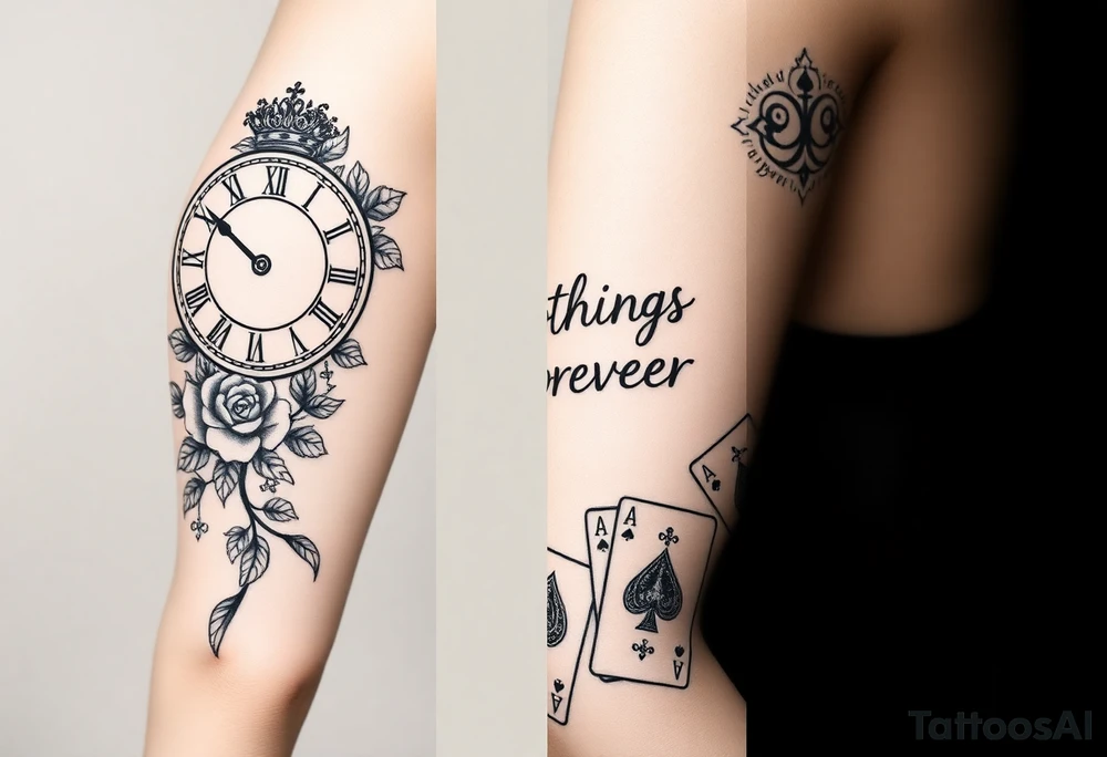 Roman clock with roses and a crown,  a quote that says nothings forever. and on the bottom a deck of cards tattoo idea