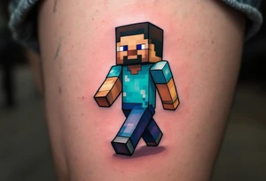 Small Minecraft Steve tattoo more vibrant colors more cartoonish walking straight legs very very small tattoo idea