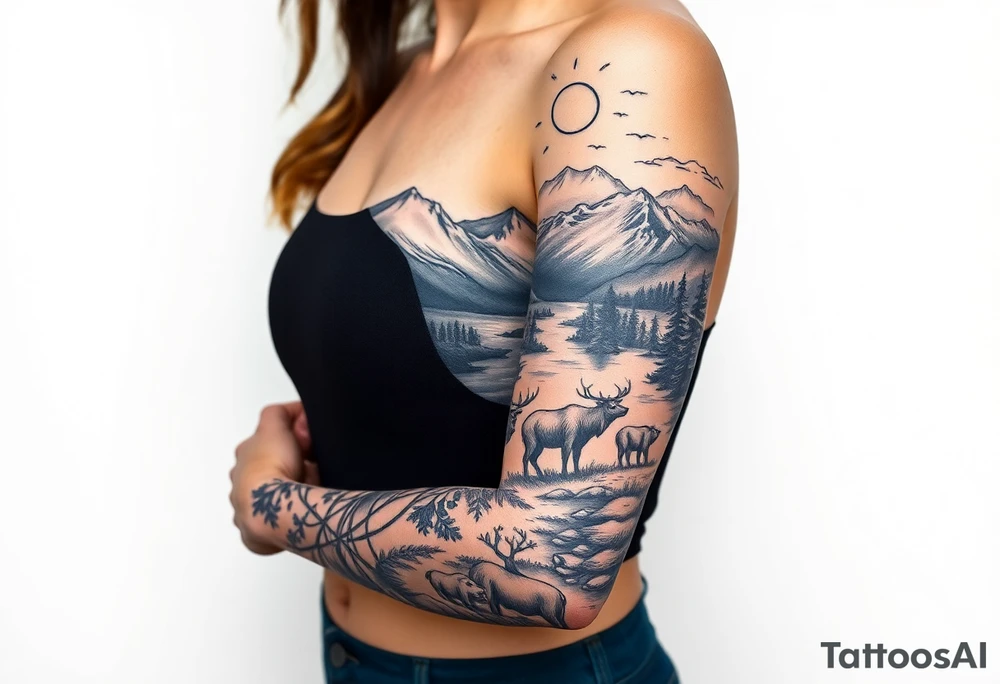 A full-sleeve with the Härjedalen landscape, reindeer, bear, lakes, mountains (Helags), tattoo idea