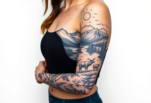 A full-sleeve with the Härjedalen landscape, reindeer, bear, lakes, mountains (Helags), tattoo idea