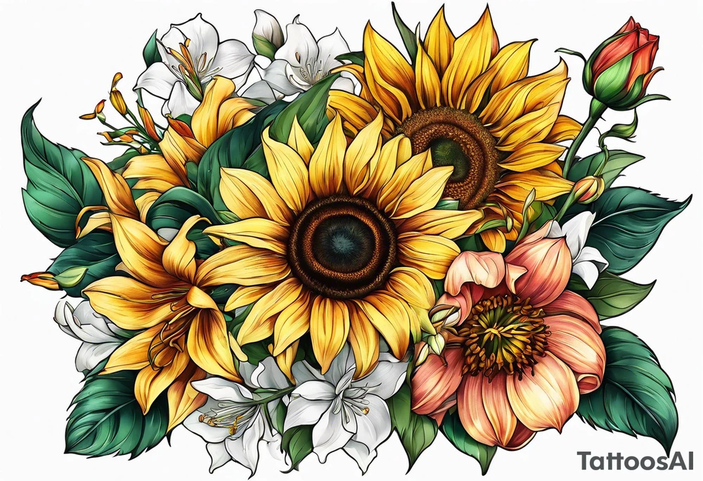 sunflower and lily and rose boquet tattoo idea