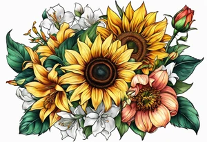 sunflower and lily and rose boquet tattoo idea