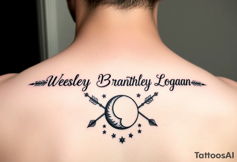 Name tattoo with Wesley Brantley Logan with arrows infinity moon and stars tattoo idea