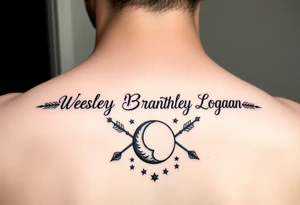 Name tattoo with Wesley Brantley Logan with arrows infinity moon and stars tattoo idea