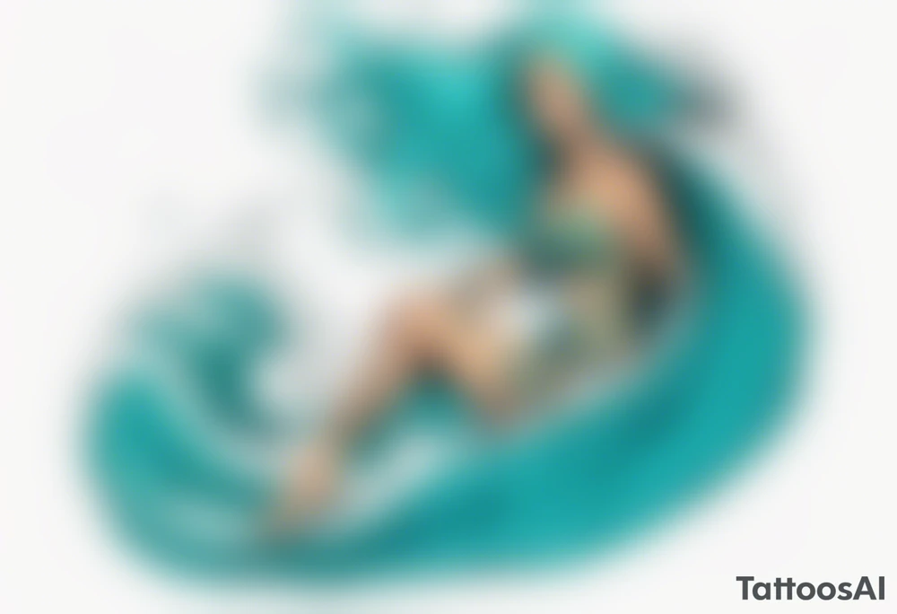 a tall woman made of water with turquoise hair riding the waves tattoo idea