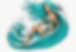 a tall woman made of water with turquoise hair riding the waves tattoo idea