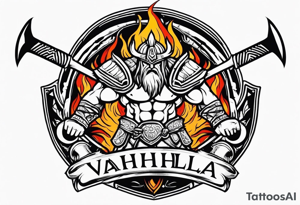 valhalla on fire sword shield axe warrior tattoo idea